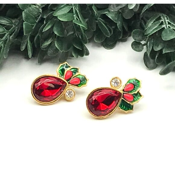 Vintage Gold Tone Holly Earrings With Red & Green Enamel Accents - Picture 1 of 4